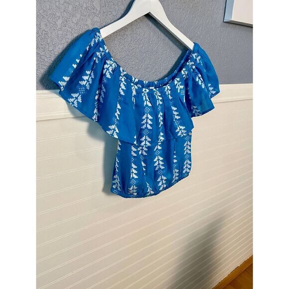 Elan Blue Ruffle Top Short Sleeve Peasant Style Blouse Size Medium NWT - Picture 2 of 8